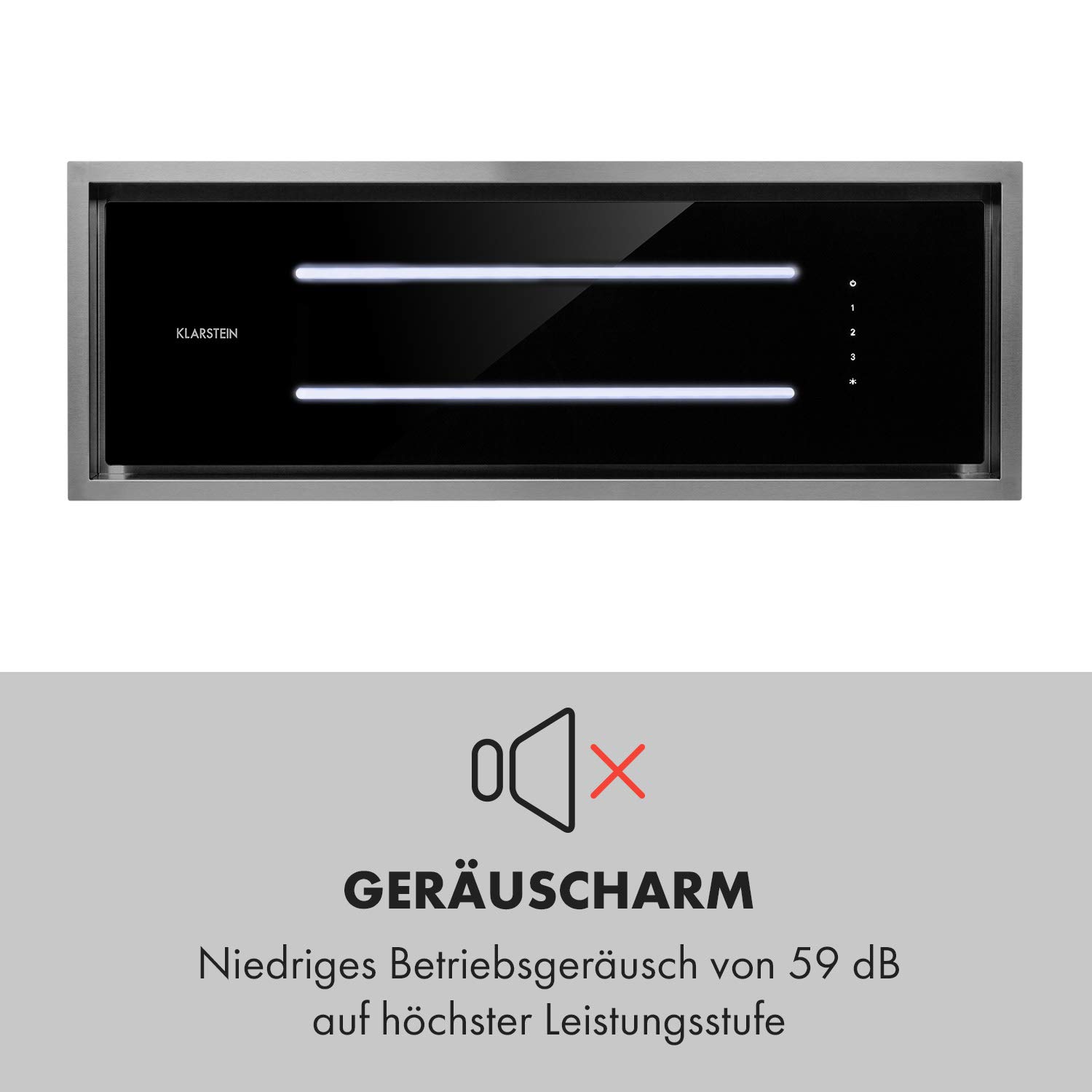 Klarstein High Line Deckenhaube 77 cm 410 m3/h Umluft Abluft LED Fernbedienung Edelstahl schwarzes Glas