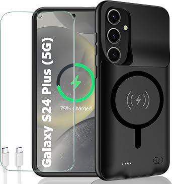 Battery Case for Galaxy S24 Plus, 12000mAh Portable Wireless Charging Case Supporting CarPlay, Compatible with Galaxy S24 Plus 6.7 inch Rechargeable Extended Battery Charger Black