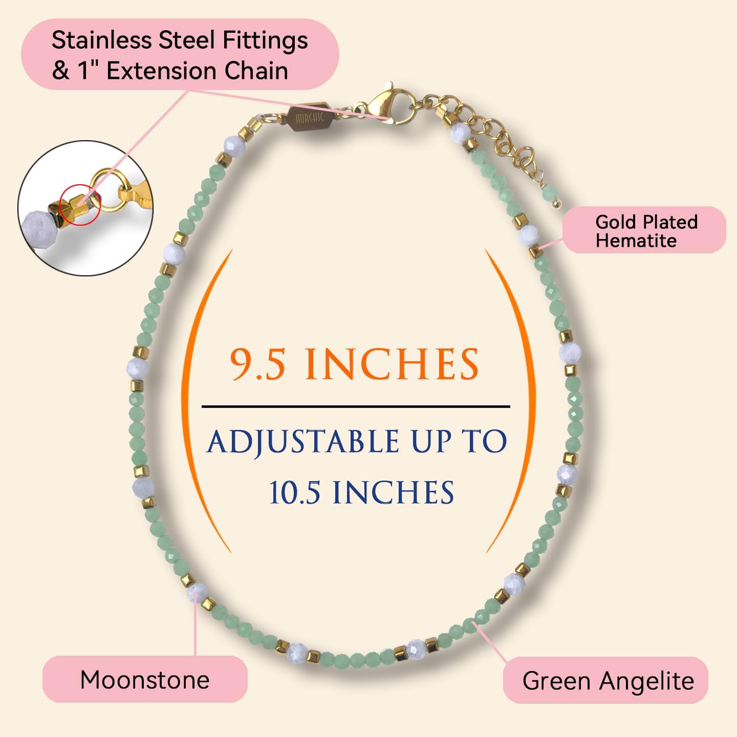 Morchic Adjustable Anklet for Women. Colorful Natural Gemstone Foot Chain Jewelry Summer Beach 2mm Tiny Beads 9.5" - Image 2