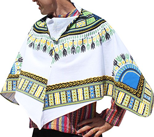 RaanPahMuang Warm Muang Cotton Short Mexican Poncho African Dashiki Print Shirt, Medium, White
