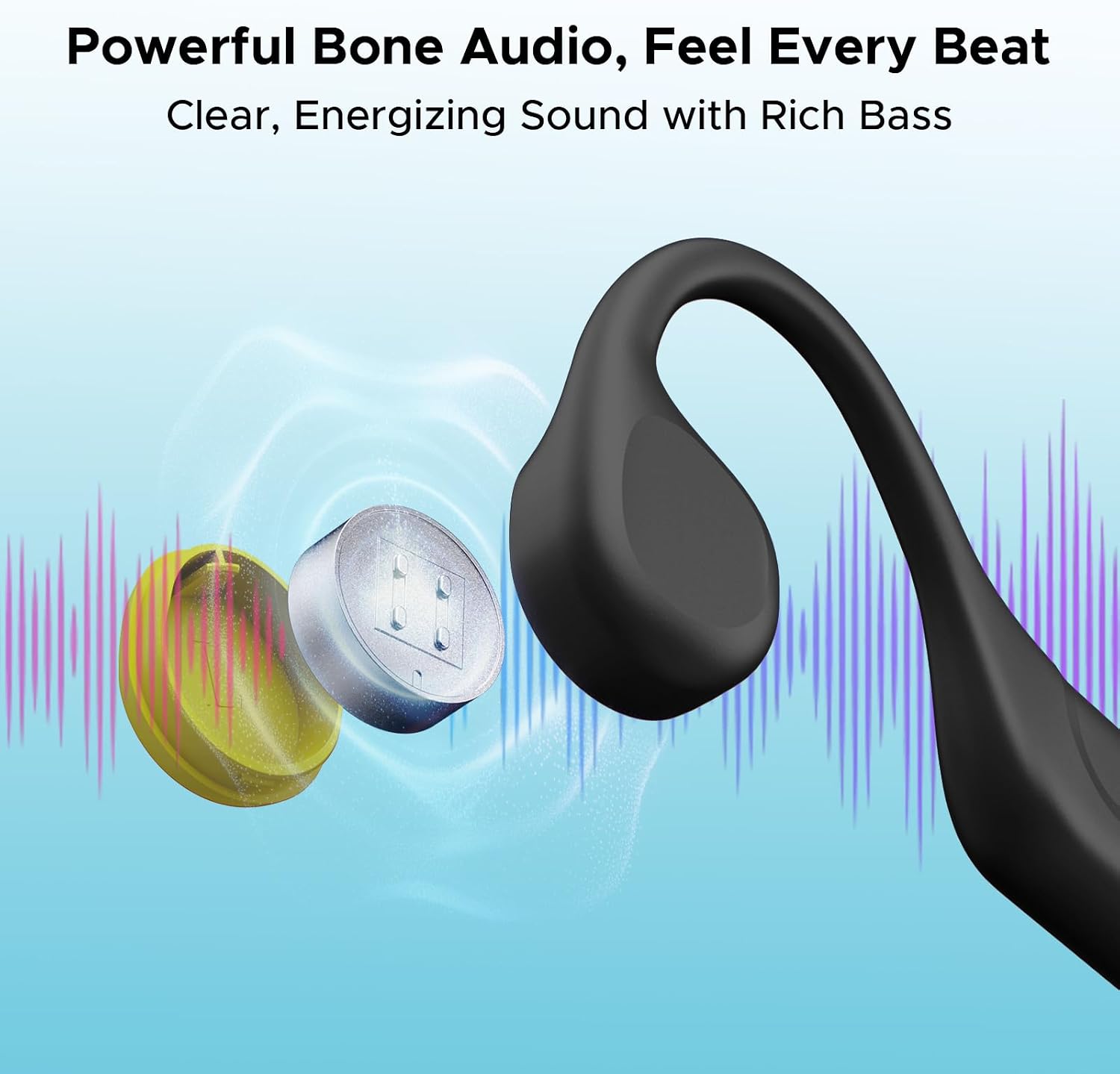 Bone Beat Run Ray Bone Conduction Headphones Open Ear Headphones Wireless with LED Light IP66 Waterproof Headphones 10H Playtime BT6.0 Open-Ear Sport Headphones for Running Cycling - Black