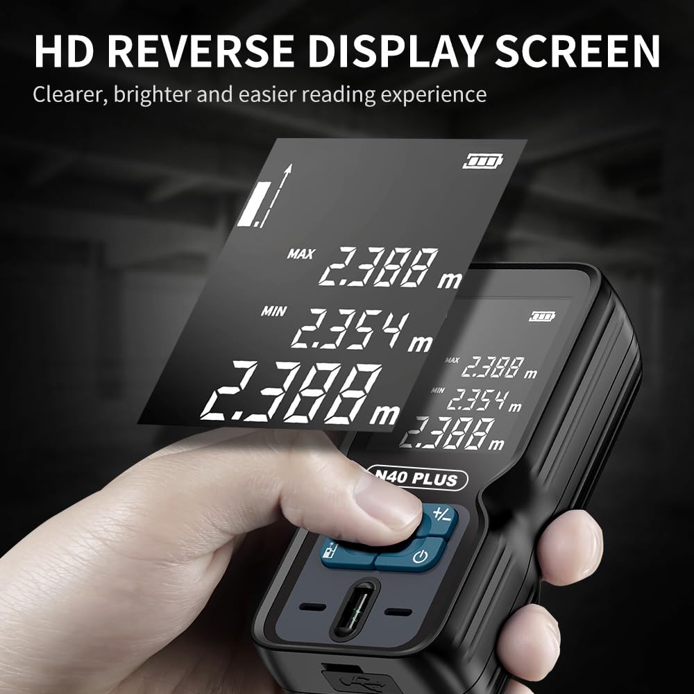 Télémètre REVASRI Professionnel, Télémètre Laser 70M avec Niveau à Bulle M/in/Ft Télémètre Laser Rechargeable USB pour Distance/Zone/Volume/Pythagore/Continu