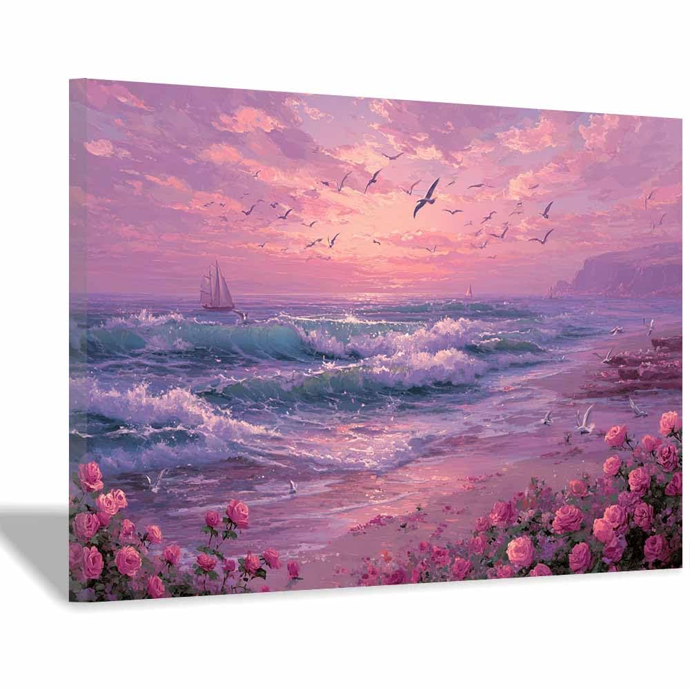 HOQIU Natural scenery wall art Pink Ros Beaches es Sunset decorative painting, wall art, for Living Room Bathroom Bedroom Kitchen Decoration.(Multicolor)-60x80cm Framed