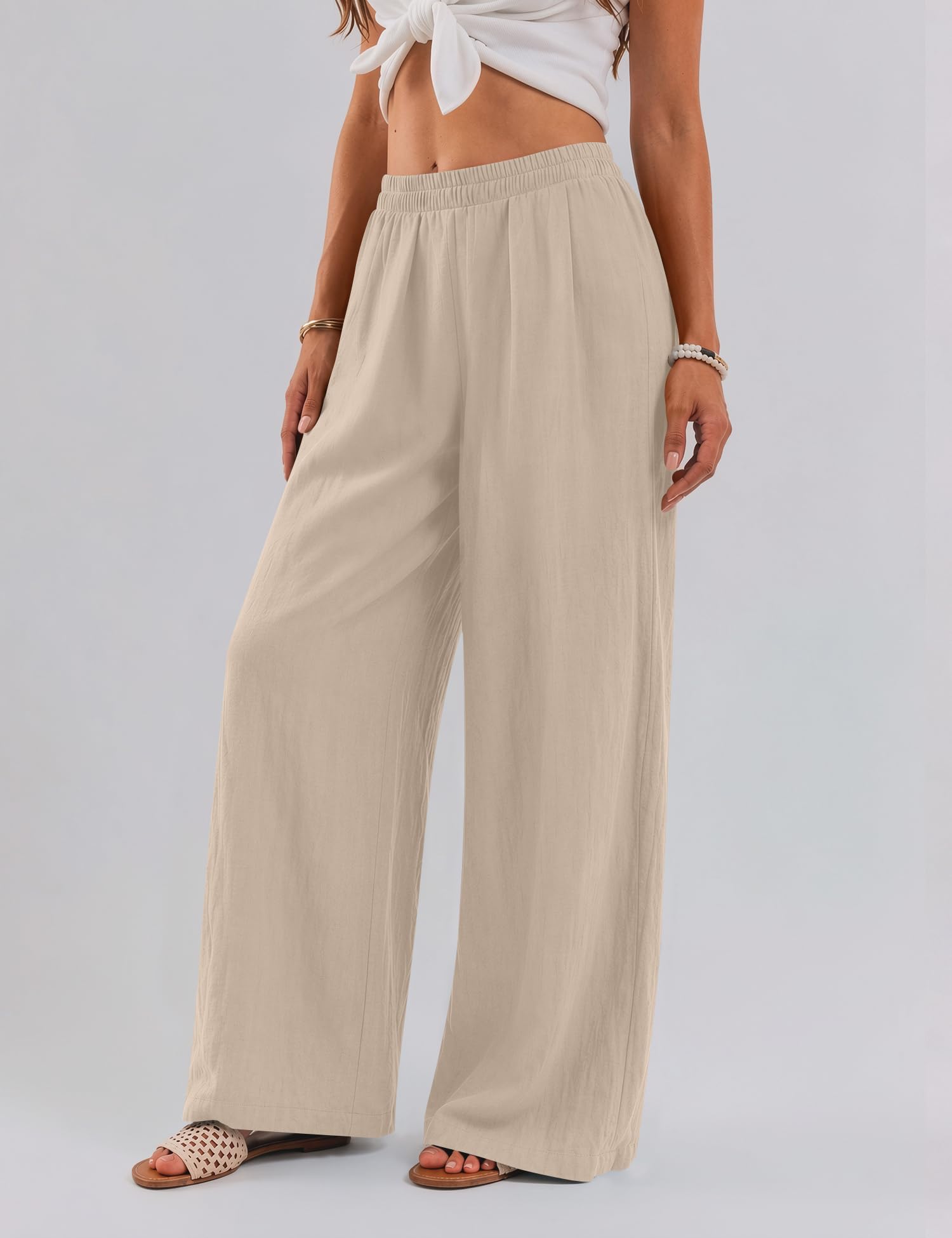 Rapbin Leinenhose Damen Sommer Sommerhose Damen Leicht Stoffhose Damen mit weitem Bein Luftige Strandhose Lässige Freizeithose Elegant Einfarbig mit Taschen