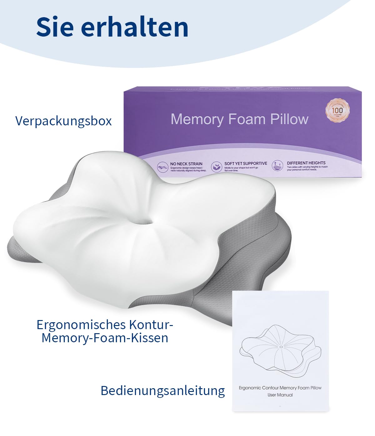 Nackenstützkissen, Memory Foam Kissen mit Nackenunterstützung | Ergonomisches Konturdesign mit atmungsaktivem, abnehmbarem Kissenbezug für Seiten-, Rücken- und Bauchschläfer