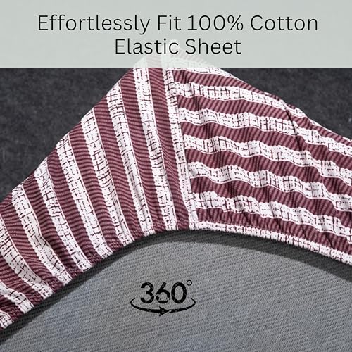 Image of Amazon Brand - Umi Cotton Fitted Bedsheet, Queen Size 78x60 Inches, Elastic Fit Bed Sheet, 10 Inch Deep Pocket, Soft Breathable Bedding, Durable Easy Care, with Pillow Cover-Marron Stripe