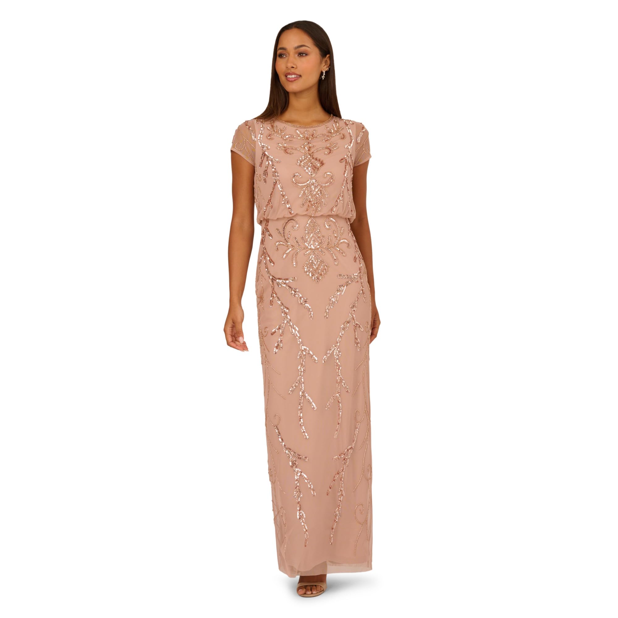 Adrianna Papell Bead Blouson Long Dress, Rose Gold, Rose Gold, 14