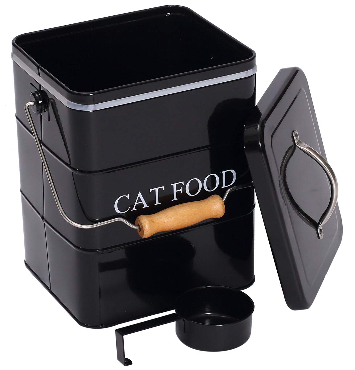 Geyecete- Cajas Almacenamiento de Alimentos y golosinas para Animales, con Mango de Madera y herméticas Tapa, Acero Carbono Revestido Contenedor de Comida para Gatos -Capacidad 3kgs-Negro