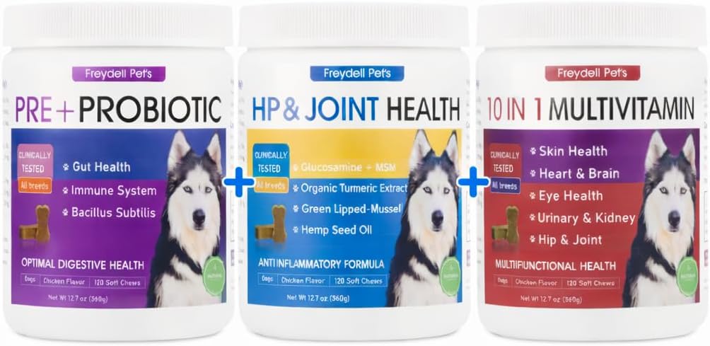 Freydell Pets Dog Probiotics + 10-in-1 Multivitamin + Hip & Joint Support Bundle – Digestive & Gut Health, Glucosamine Joint Supplement, Daily Dog Vitamins Soft Chews – Mobility, Immune, Skin & Coat,
