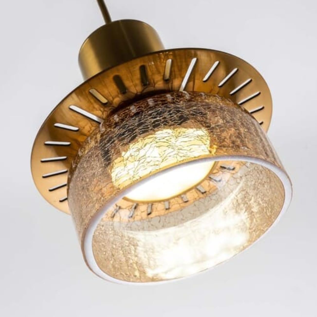 Amber Glass Pendant Lights Kitchen Island, Modern Gold 1-Light with Crackle Glass Shade, Small Cylinder Hanging Light for Bathroom Bedroom Over Sink - Warm Light
