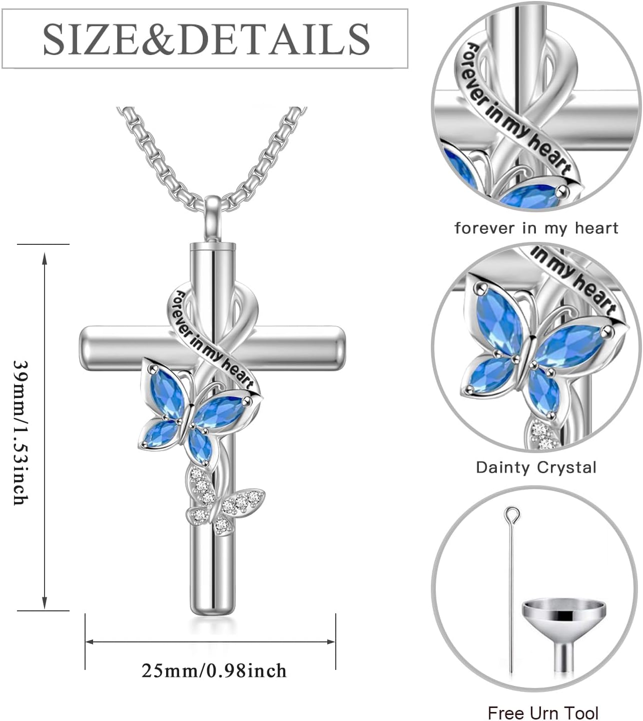 Birthstone Butterfly Cross Urn Necklaces for Ashes White Gold Plated Sterling Silver Cremation Keepsake Necklace w/Funnel Filler Memorial Pendant for Ashes for Human Women Pet