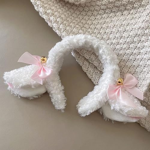 Miniatura 4 de Banda de pelo con orejas de cordero, nudo de lazo, campana, adorno decorativo para el cabello, peluche femenino de dibujos animados, diadema de