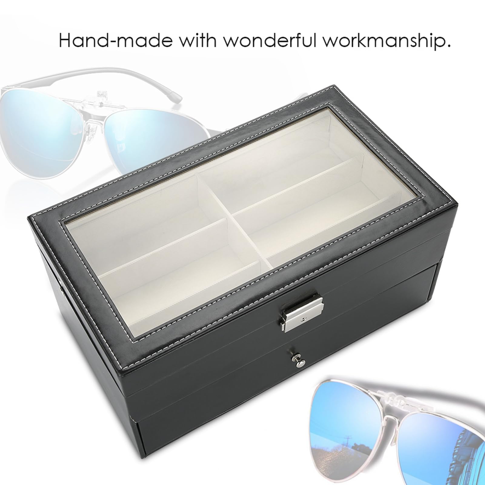 RIZGHWOY Zweilagiger Brillen-Organizer mit 12 Fächern Zum Ordnen und Präsentieren von Sonnenbrillen – Stilvolle, Tragbare Aufbewahrung in Schwarz – MDF und PU-Leder – 34 X 19 X 16 Cm