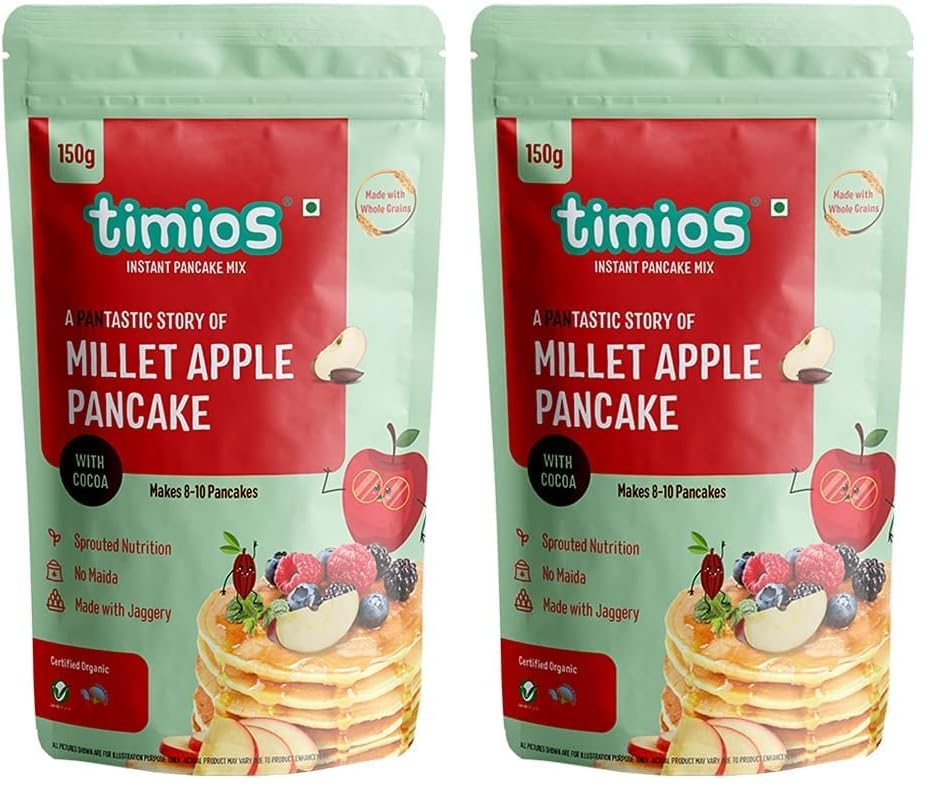Image of Timios Organic No Maida Millet Pancake Mix-Apple with Cocoa| Made with Whole Grains, Jaggery and Sprouted Nutrition| Instant and Healthy Breakfast,150gm (Pack of 2)