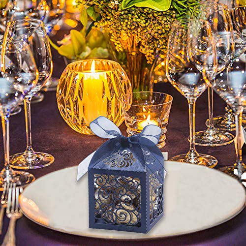 Kposiya 100 Pack Wedding Favor Boxes Laser Cut Boxes Party Favor Box Small Gift Boxes Lace Candy Boxes For Wedding Bridal Shower Baby Shower Birthday Party Anniverary With Ribbons (Navy, 100) #TOP2