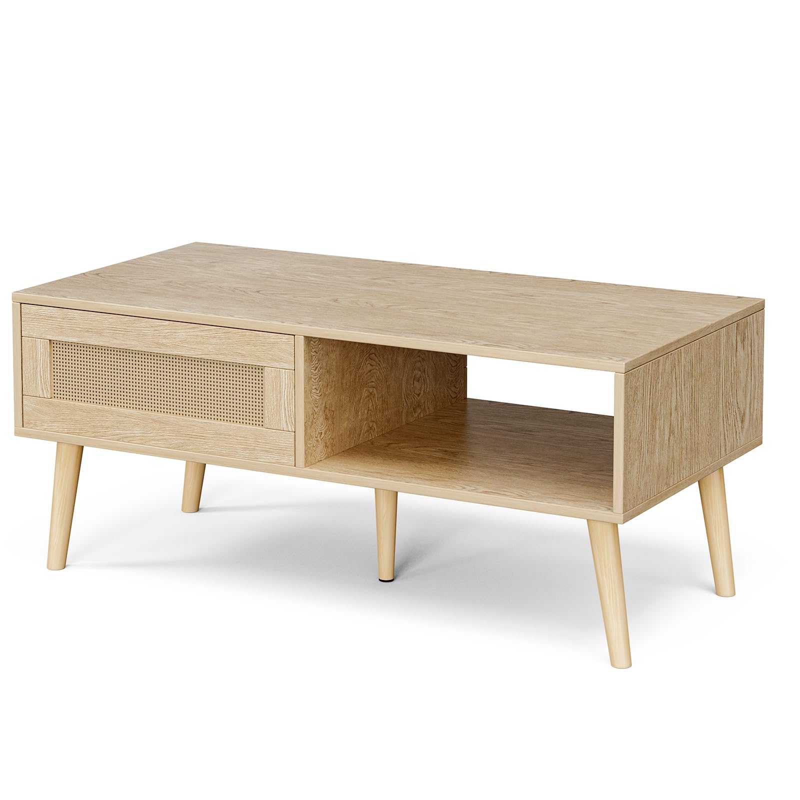 Mesa de centro de madera con almacenamiento, mesa de comedor bohemia con panel de puerta corrediza de ratán y patas de madera maciza, mesas de centro pequeñas para sala de estar, roble 7