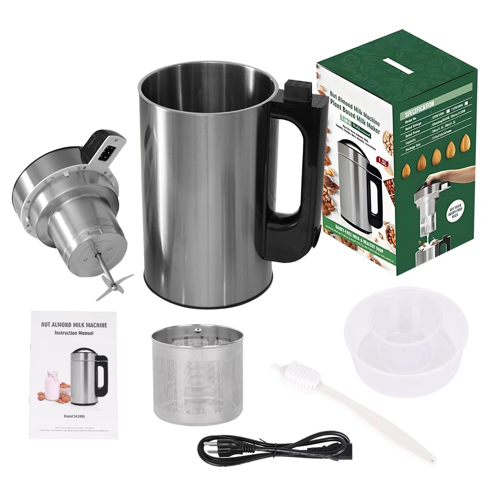 Macchina per Latte vegetale 800W, Macchina per preparare Il Latte di Noci con Filtro, Macchina per Latte di mandorle, soia, Noci, Porridge, succhi, frappè, Acciaio Inox 1,5 Litri