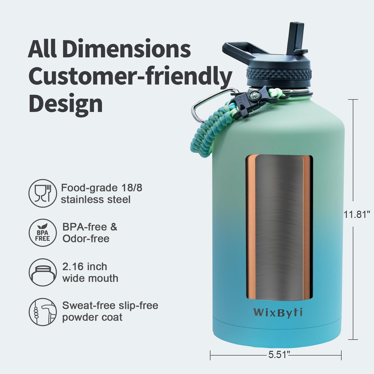 One Gallon Water Bottle Insulated, Triple Wall Vacuum Cold for 48 Hrs & Leak-proof & Non-BPA, 128oz Large Sports Stainless Steel Water Jug with Paracord Handle Straw Spout Lids & DIY Stickers - Image 6