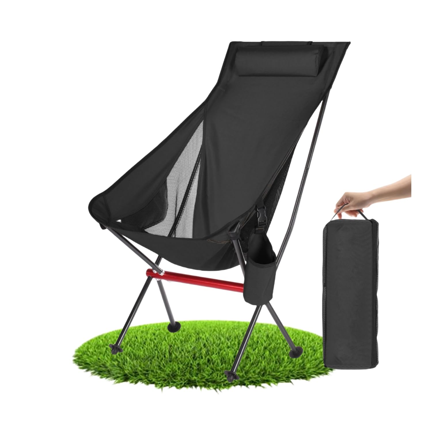 OKYUK Silla de Camping Plegable con Respaldo Alto con 2 Bolsillos de Almacenamiento y Bolsa de Transporte, Adecuada para para Exteriores, Playa, Pesca Senderismo para Adultos (Negro)