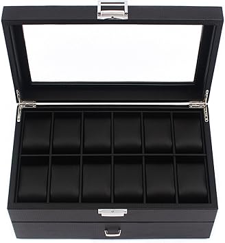 Watch Box Organizer for Men, 24 Slot Luxurious & Masculine Carbon Fiber Textured Display Case - Real Glass Top, Metal Hinge, Large Watch Holder with Drawer, Black Carbon Fiber Watch Collection Case