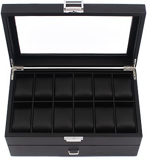 Watch Box Organizer for Men, 24 Slot Luxurious & Masculine Carbon Fiber Textured Display Case - Real Glass Top, Metal Hinge, Large Watch Holder with Drawer, Black Carbon Fiber Watch Collection Case
