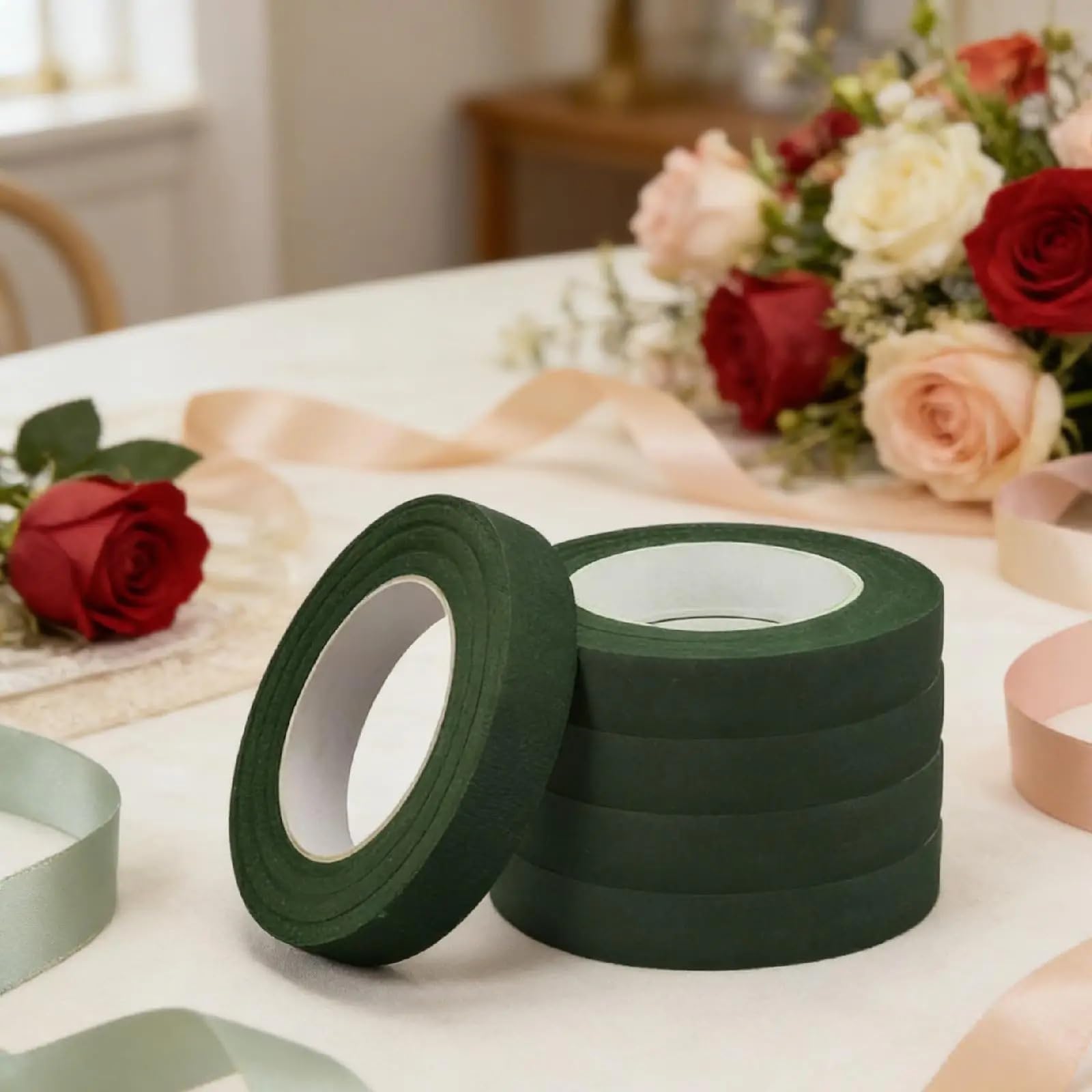 Juego De 5 Rollos Cinta Floral, Material Tela, Suministros for Envolver Arreglos DIY for Manualidades Ramo Boda Para Envolver Tallos de Ramo(Dark Green)