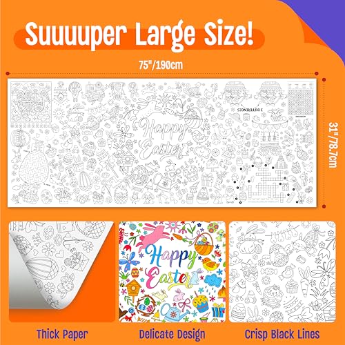 Image of Easter Coloring Poster, Large Coloring Activity Paper 75 inch x 31 inch Jumbo Size Versatile Paper DIY Painting Drawing Banner /Tablecloth for School, Spring Theme Parties, Wall Decor