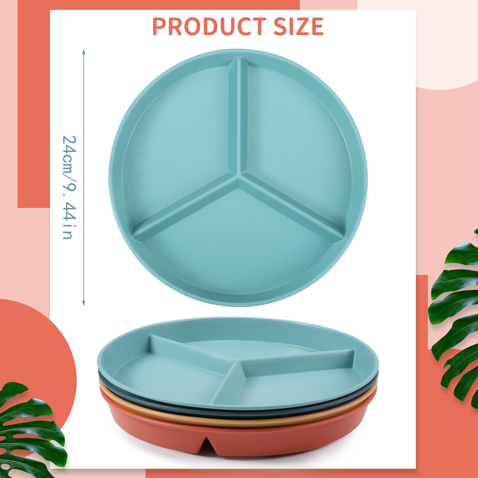Lanjue 4Pcs Divided Dinner Plates, 9 inch Unbreakable Portion Control Divided Diet Plates Reusable Picnic Plates for Adult Children Kids - Image 2