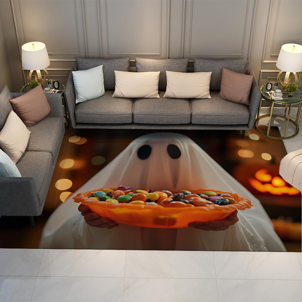 Tapis d'Halloween fantômes 150x240cm lavable et antidérapant avec support en caoutchouc pour salon
