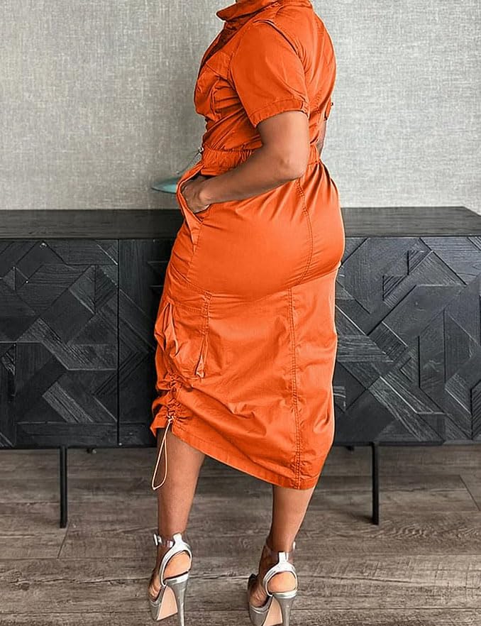 Yuopeid Womens Casual Dresses Short Sleeve Lapel Zipper Front High Waist Drawstring Club Party Midi Dress with Pockets2
