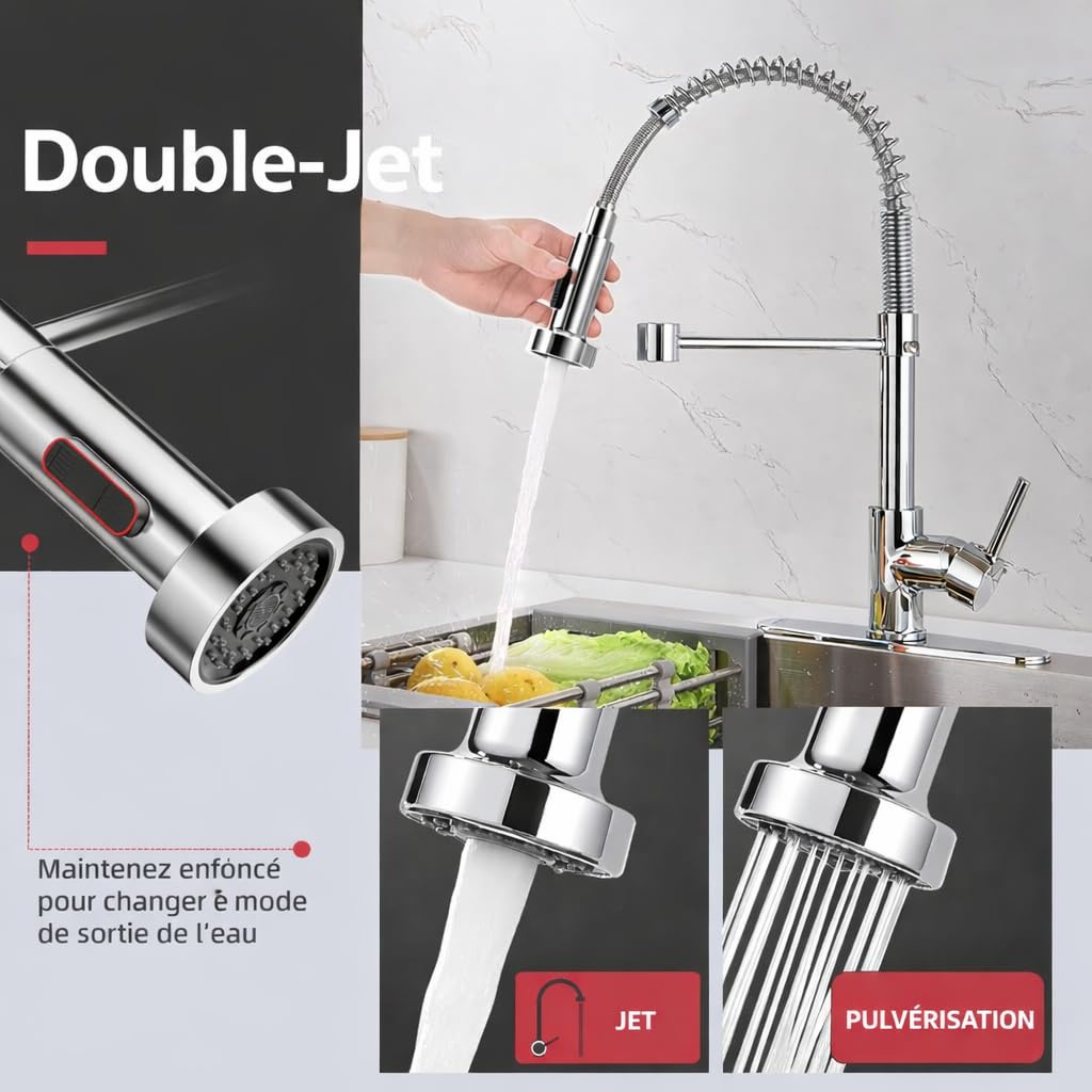 Cobbe Robinet de cuisine, mitigeur de cuisine à haute pression avec douchette rétractable, 2 fonctions de pulvérisation, rotatif à 360°, mitigeur de cuisine pour évier, en acier inoxydable
