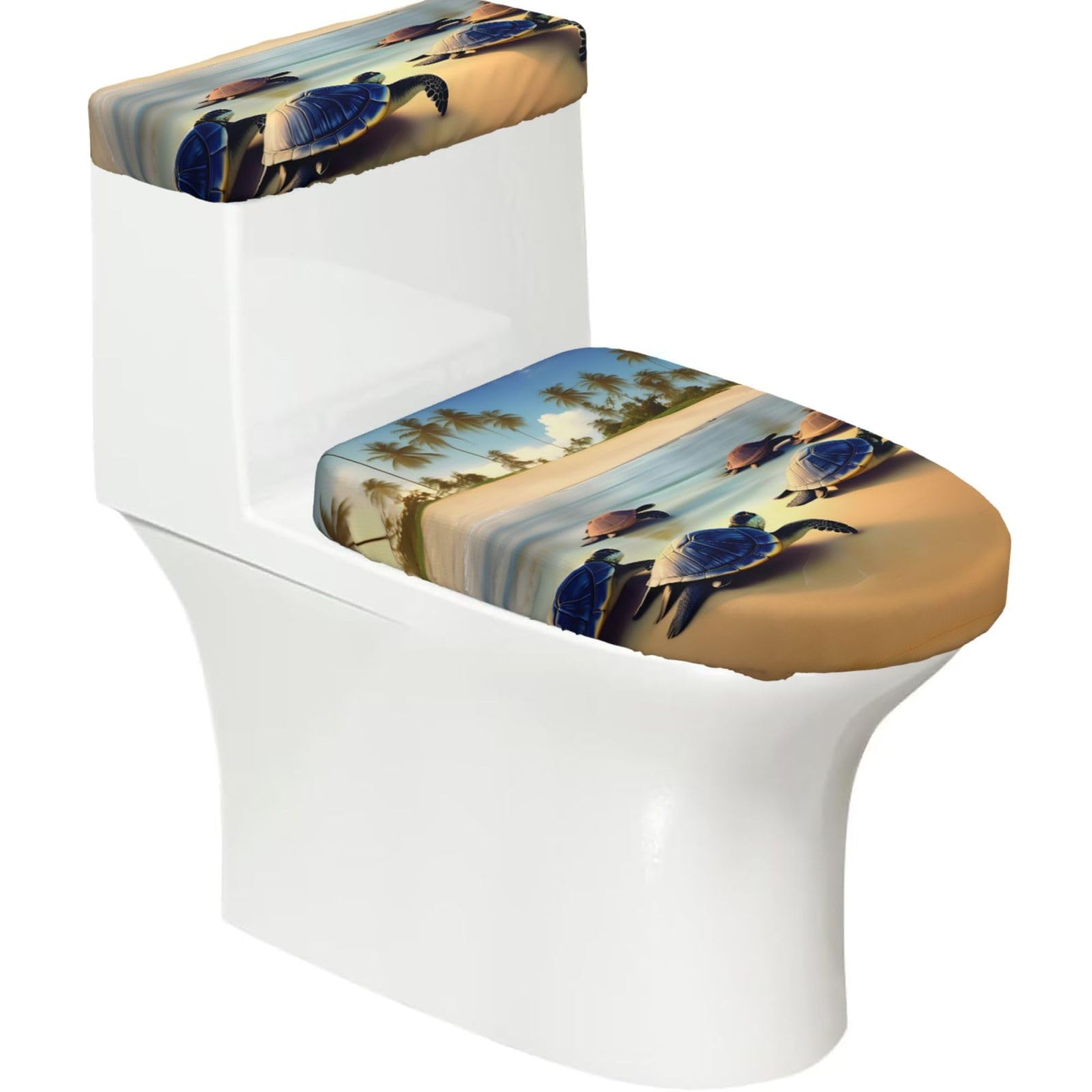 Turtles on the Beach 2-Piece Toilet Seat Cover Set with Tank Lid - Elastic for U-Shape & Elongated - Bathroom Decor