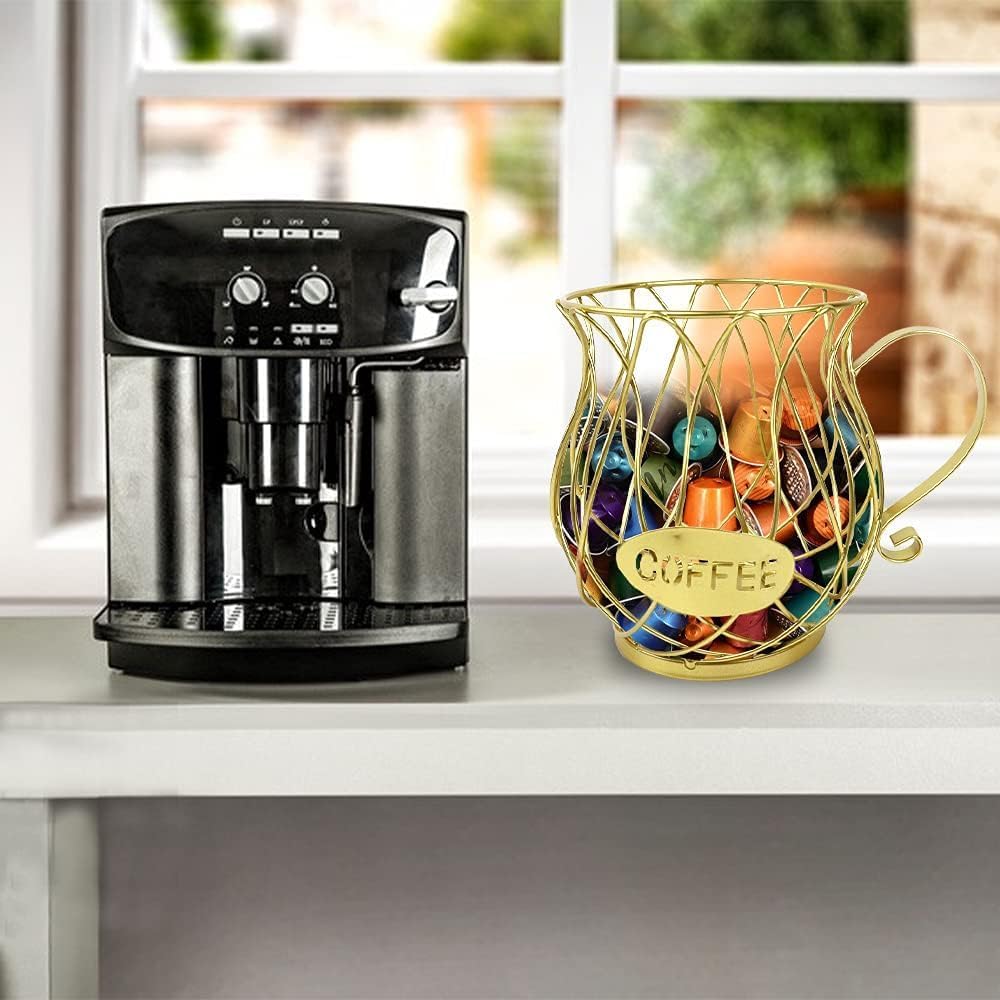 Deamos Coffee Pod Organizer,Coffee Pod Holder,Large Capacity Coffee Pod Storage Cup,Coffee Bar Accessories,Metal Coffee Capsule Storage Basket for Kitchen and Office (gold) - Image 4