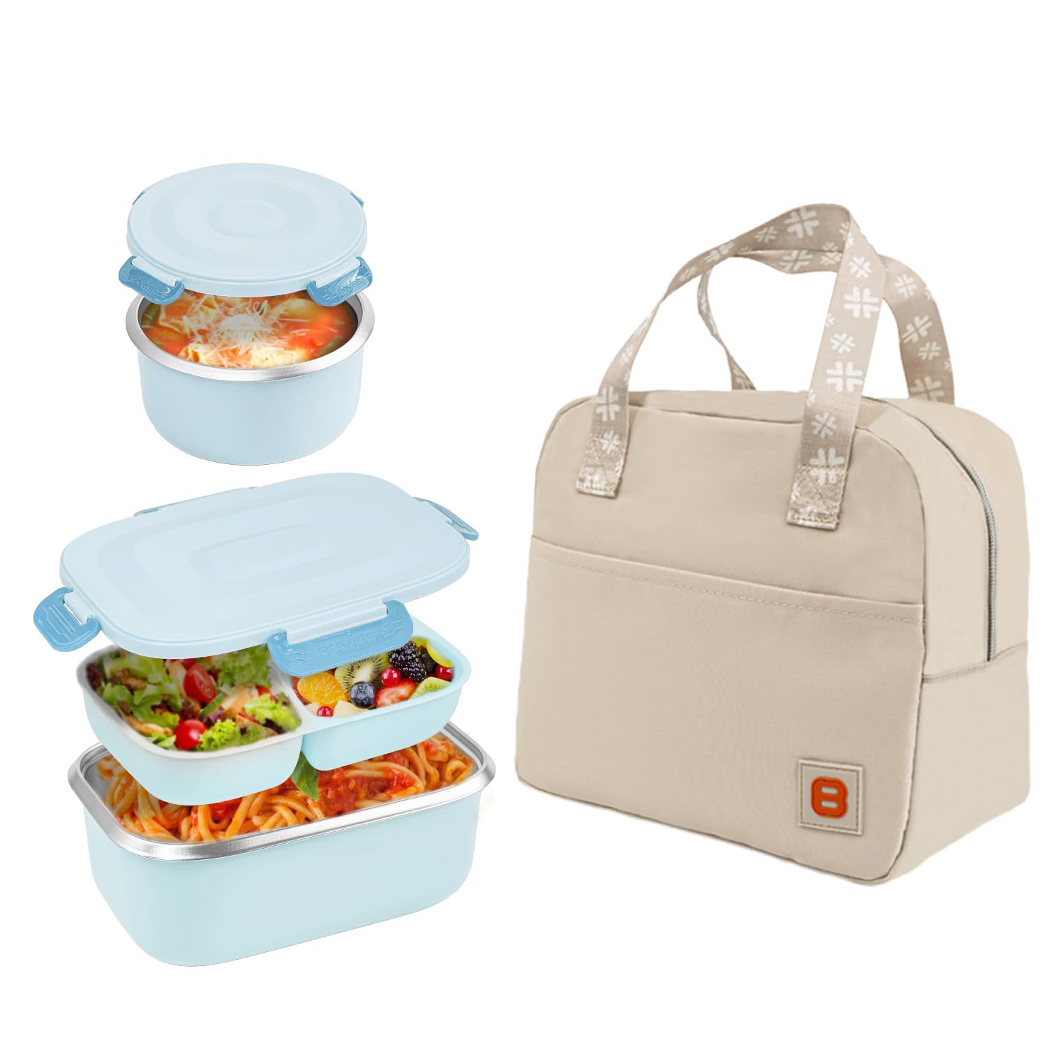 BEVISS 18/8 Stainless Steel Bento Lunch Box Set with Tray, Bowl & Carry Bag