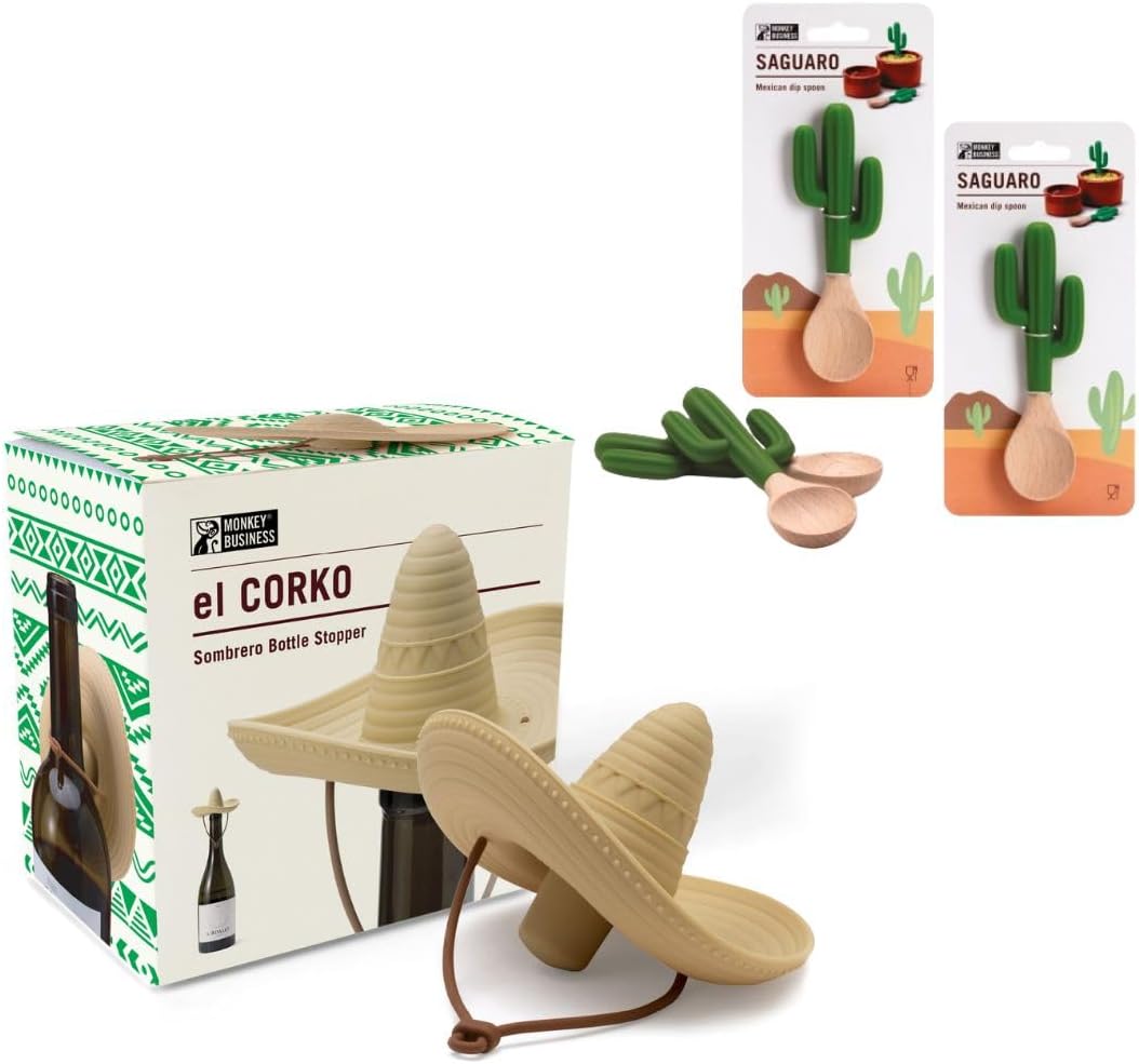 Monkey Business El Corko Bottle Stopper & Saguaro Spoon Bundle: This Fun Sombrero-shaped Silicone Wine Stopper, With a Cactus-Shaped Spoon, Perfect for serving Guacamole, Salsa, and Dips