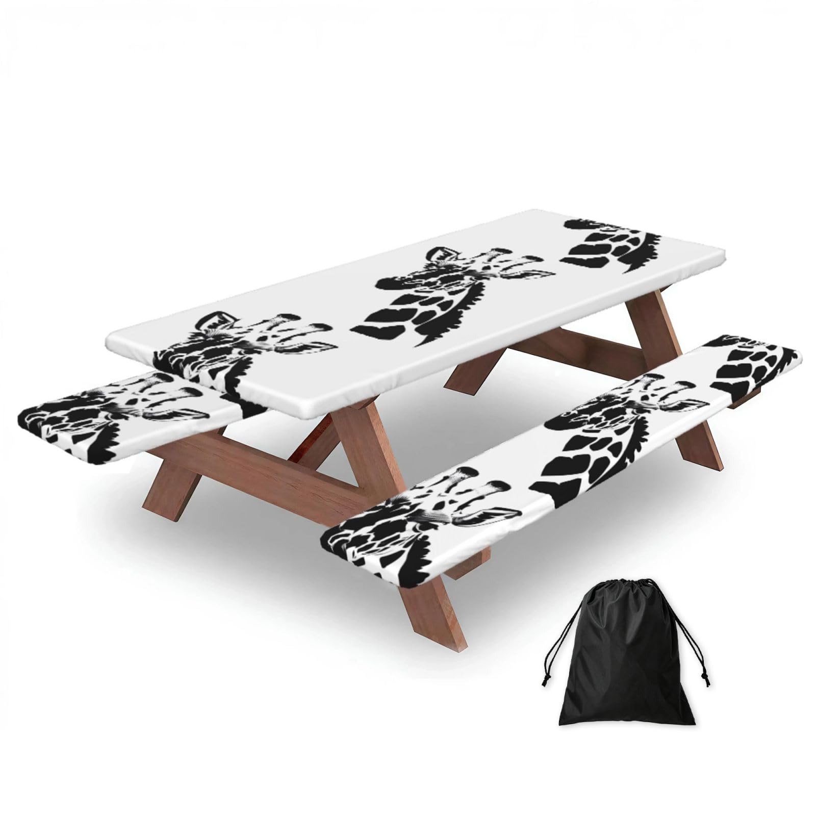 Erwqavc Black And White Giraffe Print Picnic Table Cover & Bench Covers 3-Pack Set, Elastic Tablecloths For 6 Ft Rectangle Tables