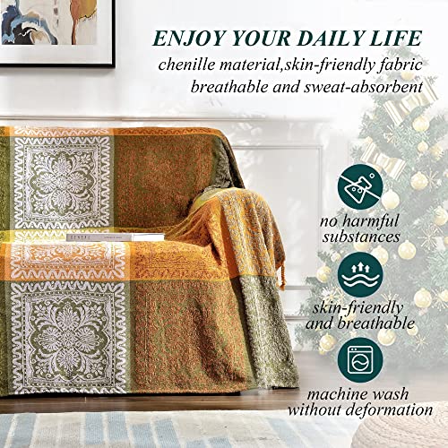 Edcooy Überwürfe für Sofas, große, bunte Chenille-Quasten, gewebte Hippie-Überwurfdecken für Couch, Bett, Sofa, böhmische Fransen, Quasten, Dekoration für Zuhause (grün, groß, 220 x 260 cm)