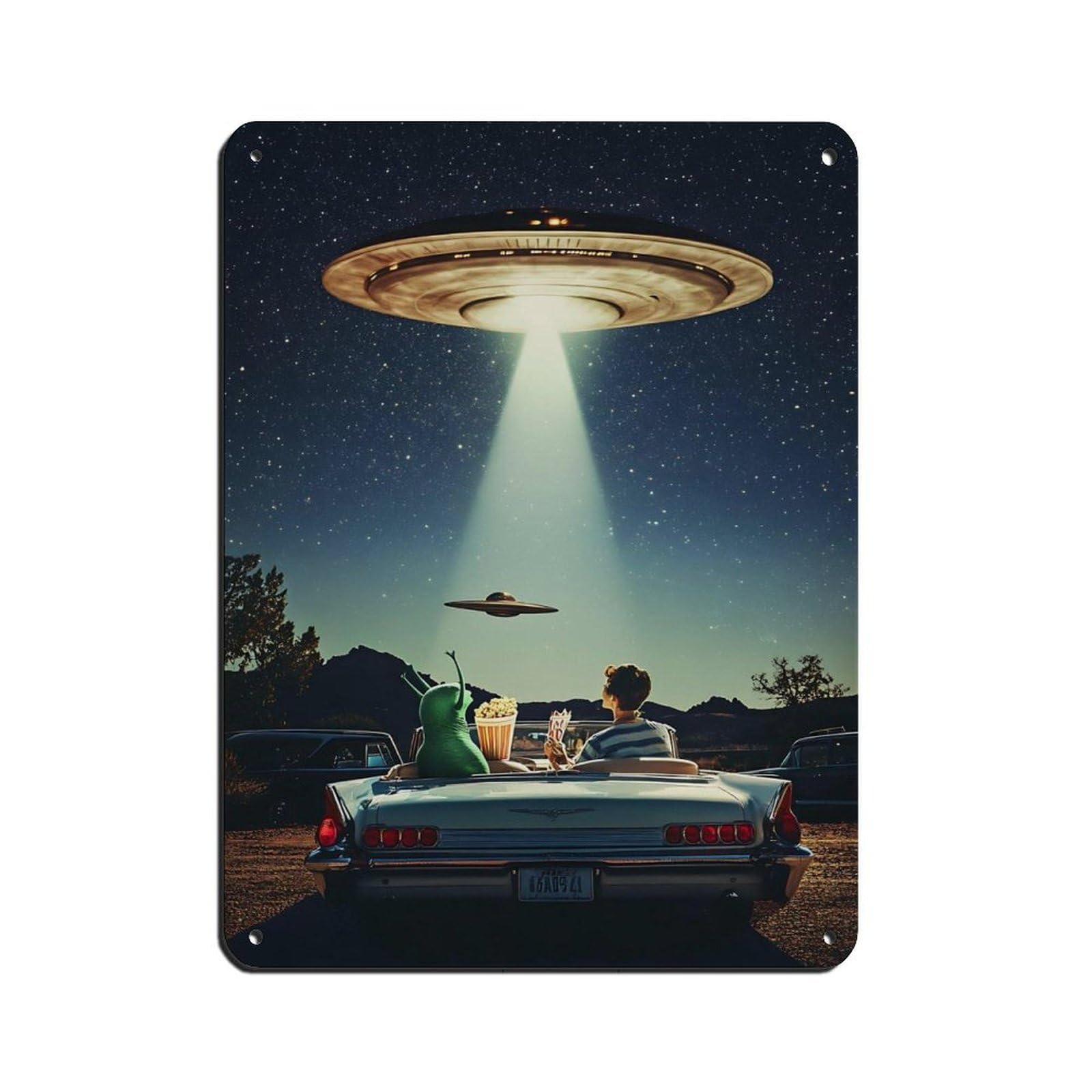 UFO Alien And Human in Classic Car Tin Sign Vintage Metal Pub Club Cafe Bar Home Wall Art Decoration Poster Retro 12x16inch(30x40cm)