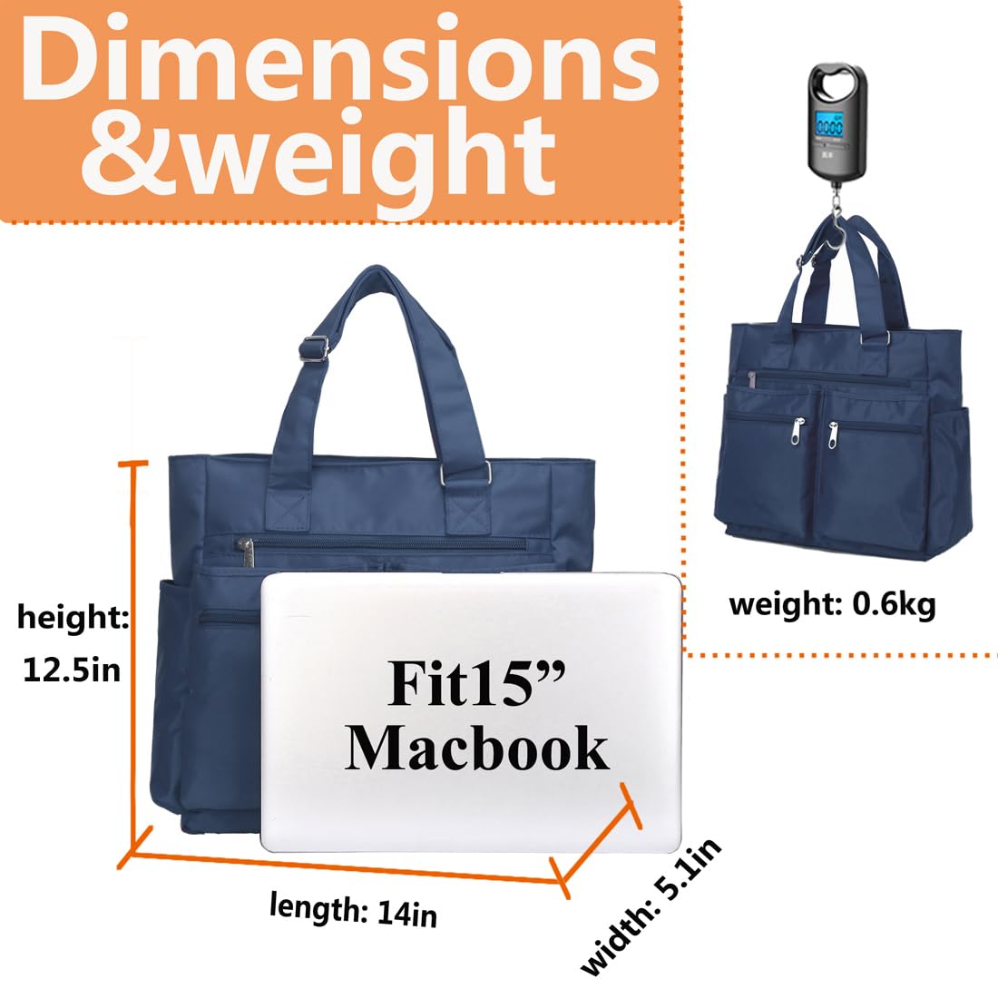 Bolsa de lona impermeable de nailon con múltiples bolsillos para llevar al hombro, bolsa de trabajo para computadora portátil, bolso para profesores, bolso para mujer y hombre, azul, L 3