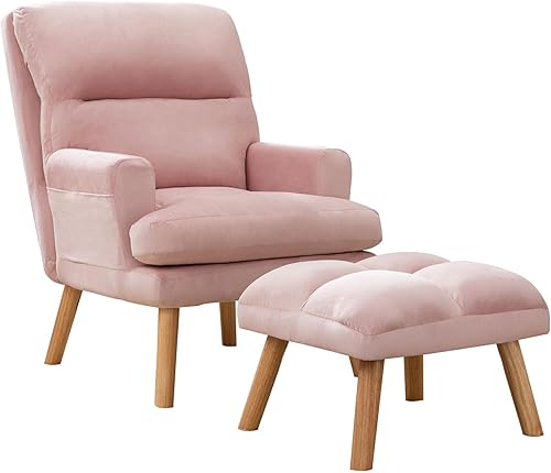 Miniatura 8 de Silla decorativa con otomana cómoda silla de lectura con respaldo ajustable y bolsillos laterales, sofá de ocio de tela suave para dormitorio, sala