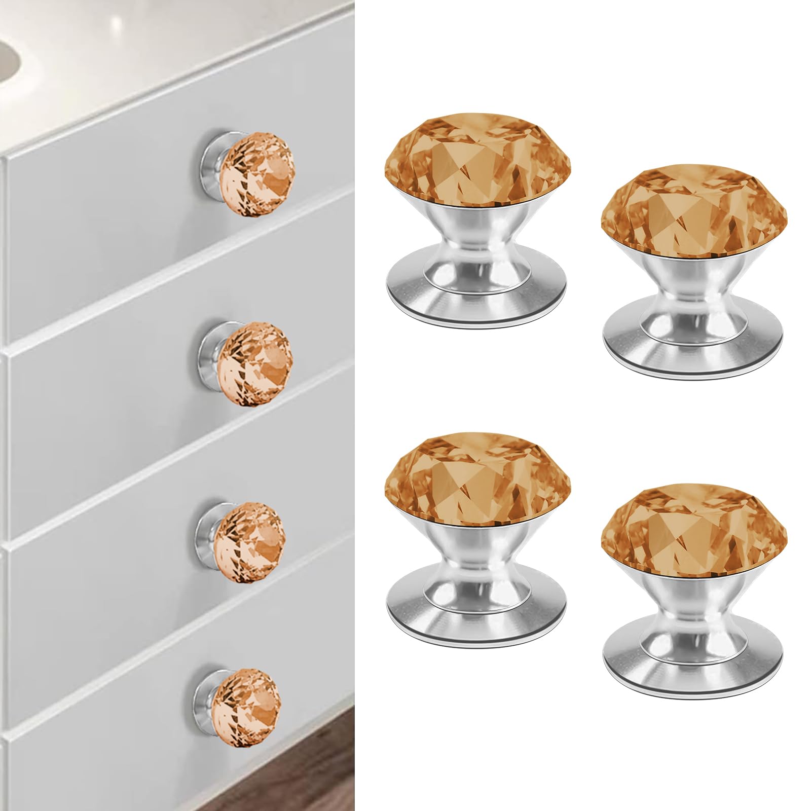 CcHhyyt 4 Pcs Crystal Adhesive Knobs Stick On Cabinet Handle Amber K9 Crystal Pulls Peel and Stick Dresser Pulls for Mirror Cabinet Drill Free Knobs