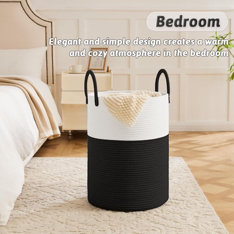 Image of Jute Cotton Rope Laundry Basket with Handles, Large Tall Clothes Hamper for Bedroom, Baby Nursery, Bathroom, Laundry Room & Home Storage Organizer (14x18 Inch, Black White)