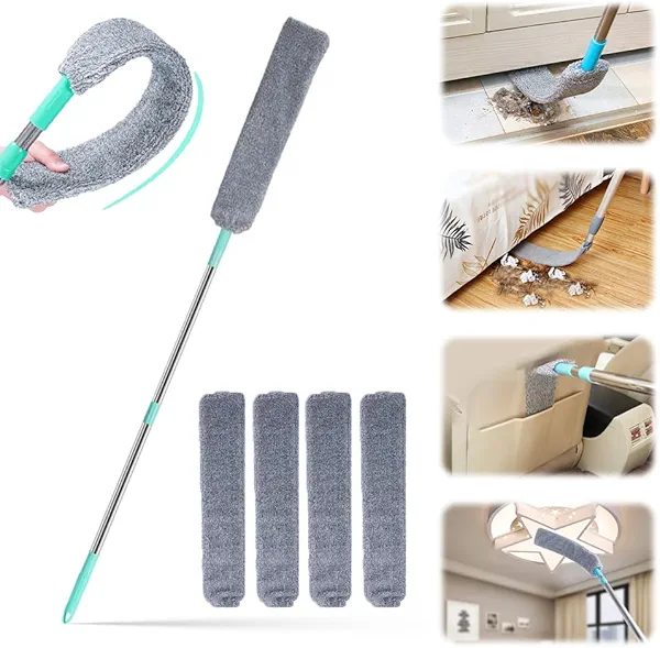 Retractable Gap Dust Cleaner with 4 Reusable Dusting Cloths, Bendable Flexible Duster with Extension Pole, Wet & Dry Sweeper Stick Dusters for Gap Cleaning Under Appliances Furniture (Regular)