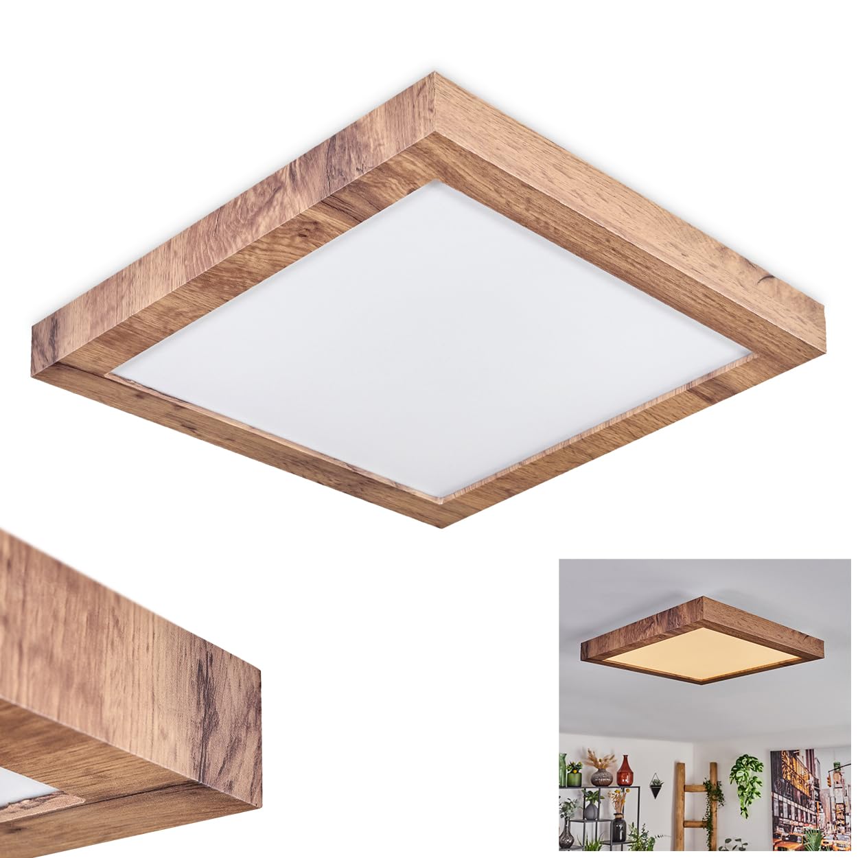 Plafón LED Bealeton, moderno plafón de metal/MDF/plástico en negro/madera/blanco, luminaria angular de diseño escandinavo (35 cm x 35 cm), 1800 lúmenes, 3000 Kelvin, LED 16 vatios