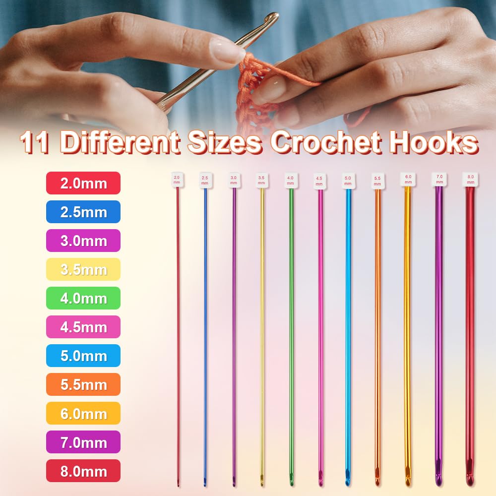 11 pezzi Set di ganci per uncinetto colorati stile afgano, uncinetti da