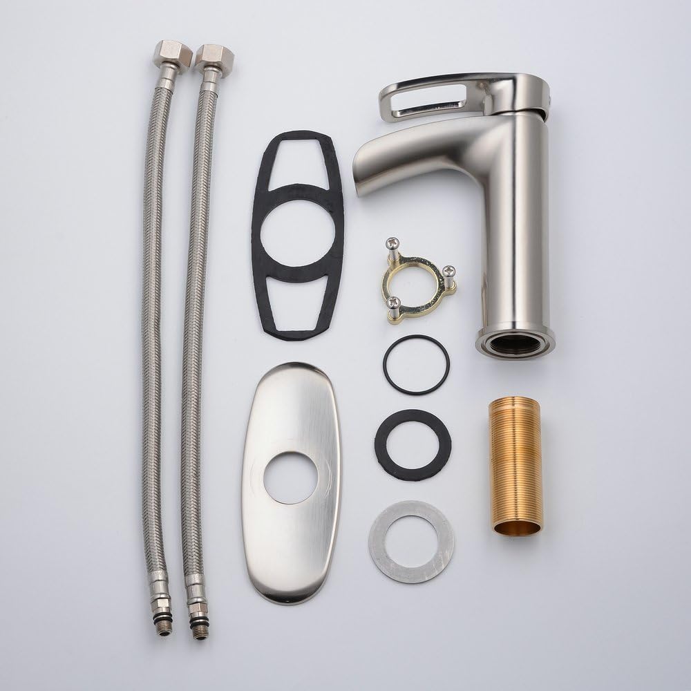 Bathroom Faucet Brushed Nickel Waterfall,Hiendure Brass Single Handle Low Arc Bathroom Sink Faucet with Hole Cover Plate