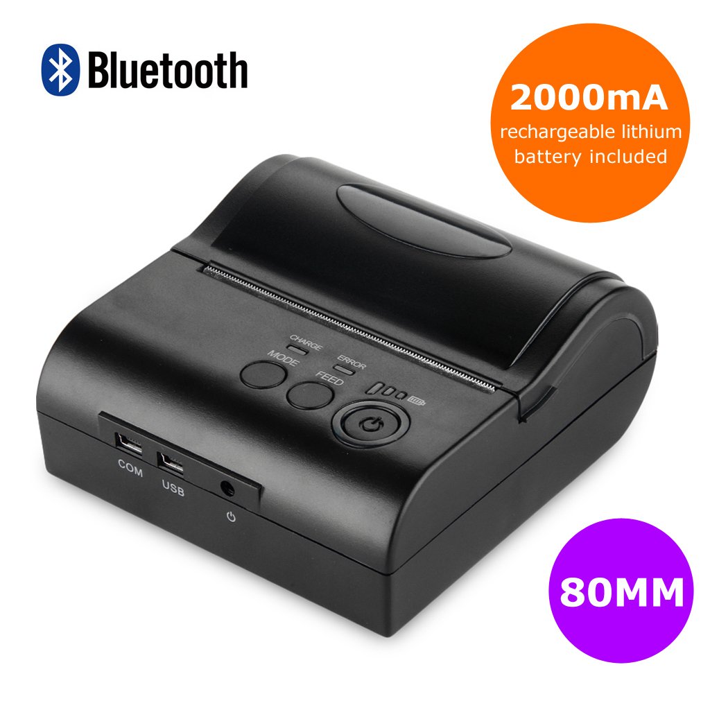 Excelvan Wireless Bluetooth Stampante Termica Portatile Dot Stampante POS 80mm Ricevuta Scontrino USB ESC/POS/STAR per Android Cellulare o Tablet (80mm)