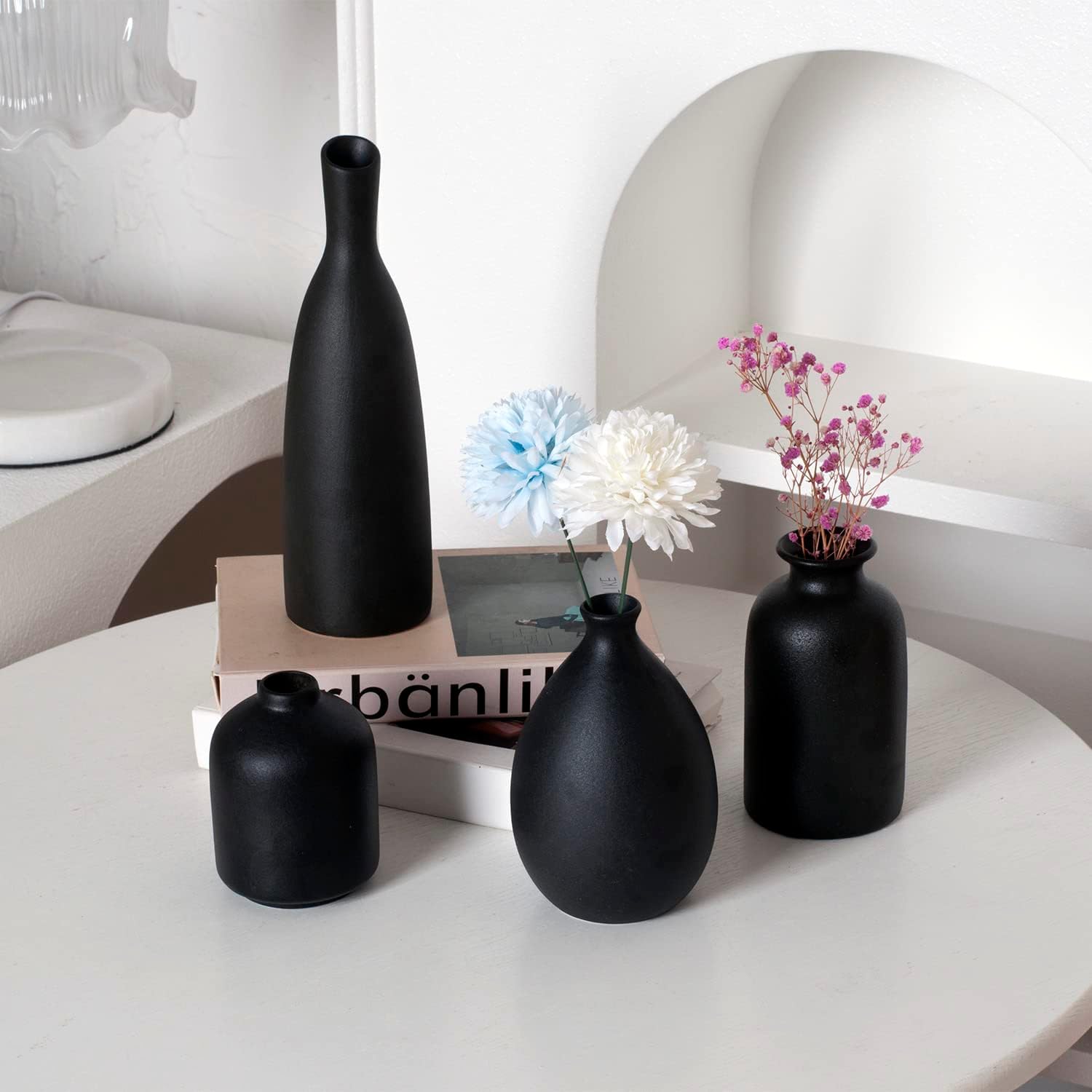 Black Ceramic Vase Set of 4, Classic Matte Vases Home Decorations for Table Shelf Office Decor (Black) - Image 3