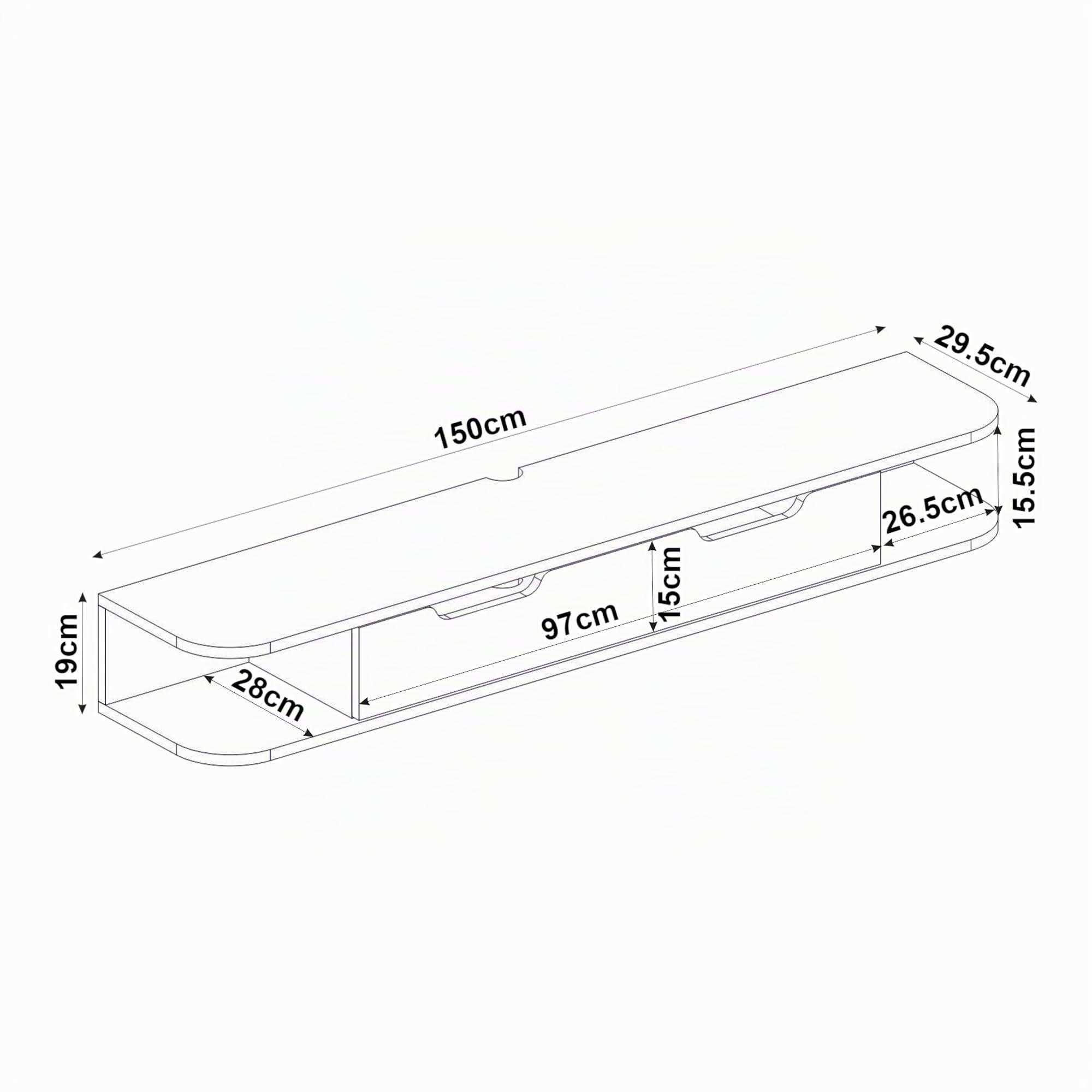 [en.casa] Mobile Porta TV da Parete con Anta a Ribalta e 2 Ripiani Mensola Sospesa con 3 Scomparti Vani Stand Multimediale Fori Passacavi 150 x 30 x 19 cm - Effetto Rovere