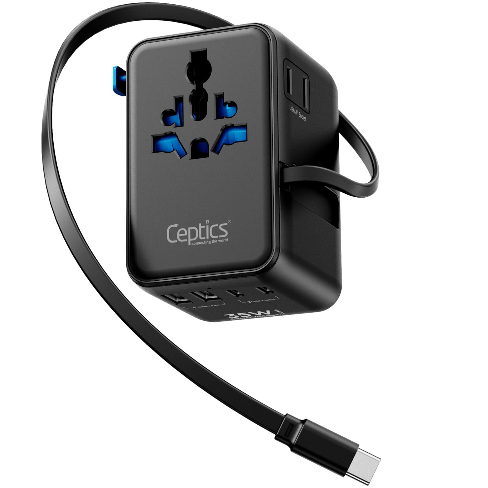 Ceptics 7 in 1 International Travel Adapter – 35W PD Retractable USB-C Cable, Universal and Japan Socket Input, Dual USB (Type A & C), Worldwide Compatibility, 10-Year Warranty-image-44